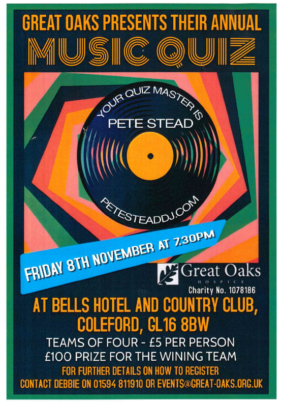 Great Oaks Music Quiz 8th November 7:30pm at Bells Hotel